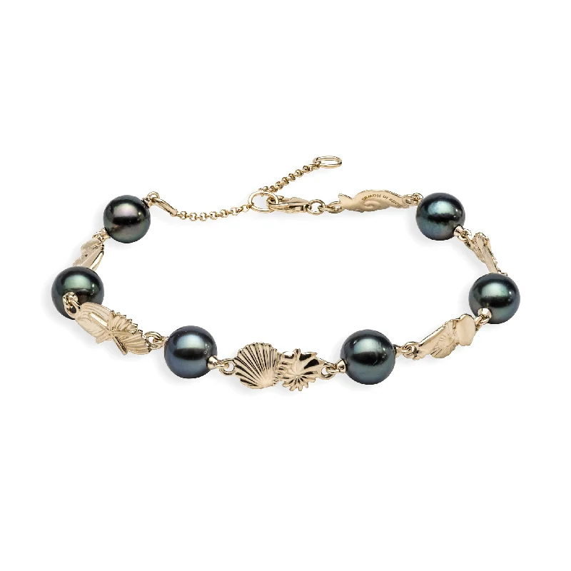 Adjustable Seashells Tahitian Black Pearl Bracelet in Gold - Size 7-9"