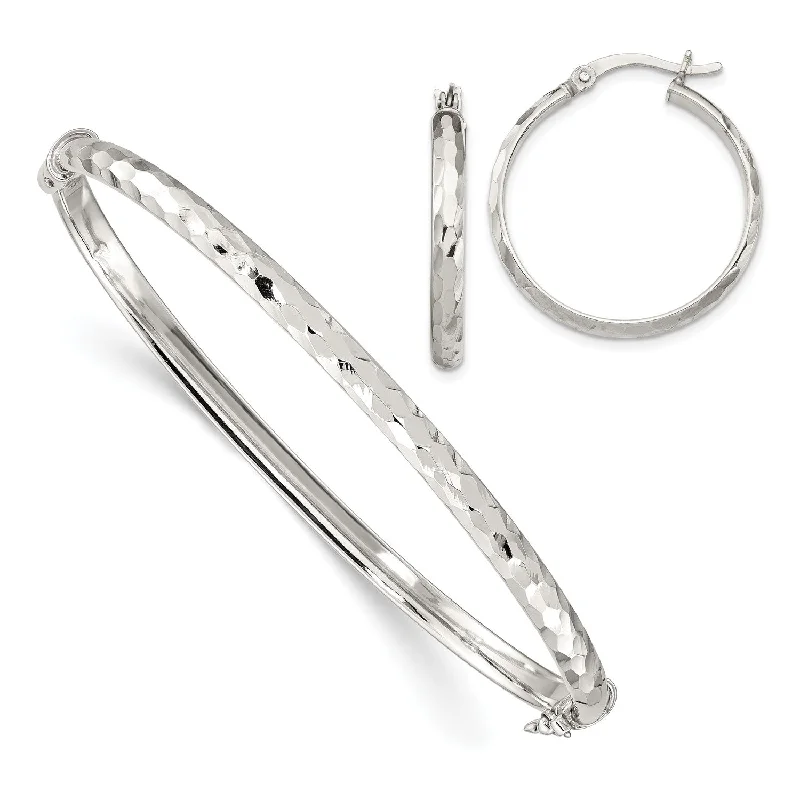 Sterling Silver 4MM Bangle and 3MM Hoop Earrings Set