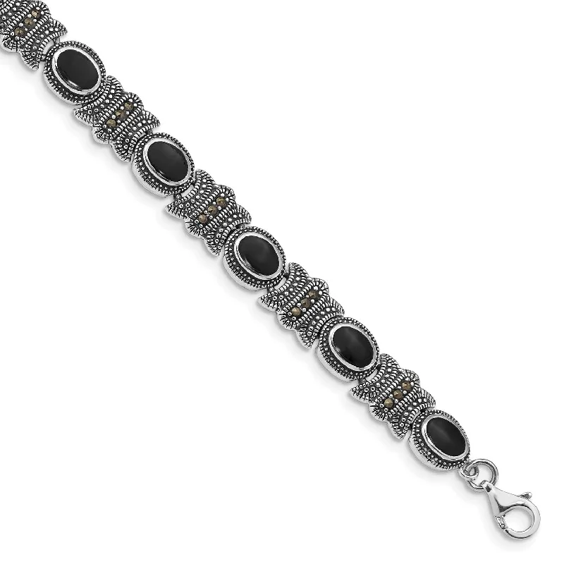 Sterling Silver Onyx and Marcasite 7.25-inch 7MM Lobster Clasp Bracelet