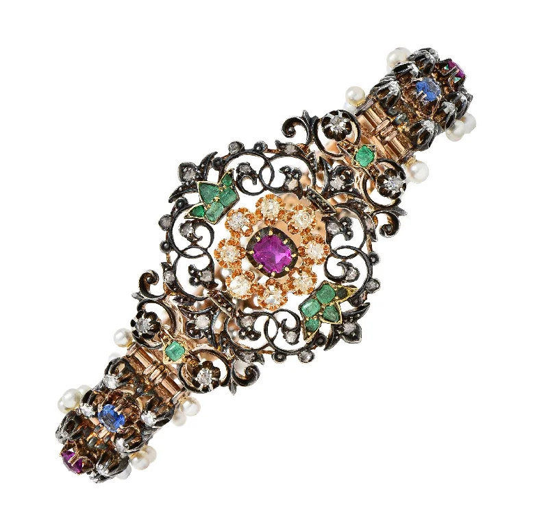 Victorian 5.26 CTW Diamond Multi-Gem Silver-Topped 14 Karat Yellow Gold Antique Renaissance Revival Bracelet