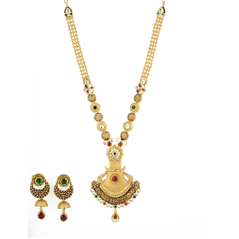 real turquoise drop earrings 22k Antique Gold Long Pendant Necklace & Chandbali Earrings Set W/ Ruby, Emerald, & Kundan