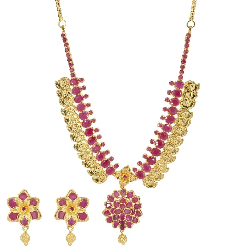 dainty butterfly pendant necklace 22K Yellow Gold Floral Kasu Lakshmi Coin Necklace & Earrings Set W/ Rubies