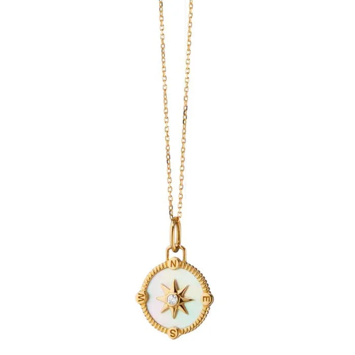delicate floral wedding band Monica Rich Kosann Mother of Pearl Mini "Adventure" Compass Charm Necklace in 18K Yellow Gold