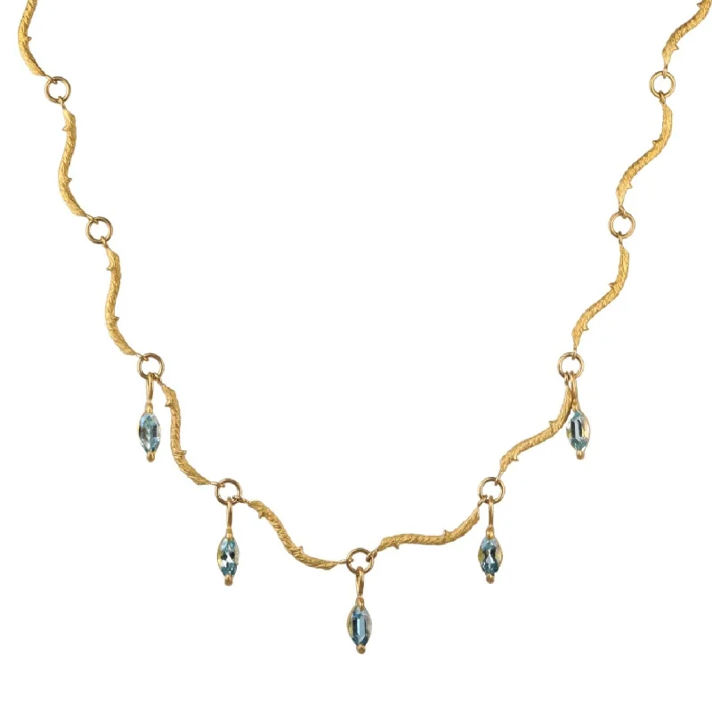 double-layered choker necklace 22K Gold "Twig" Chain Necklace with Aquamarine Marquise Drops